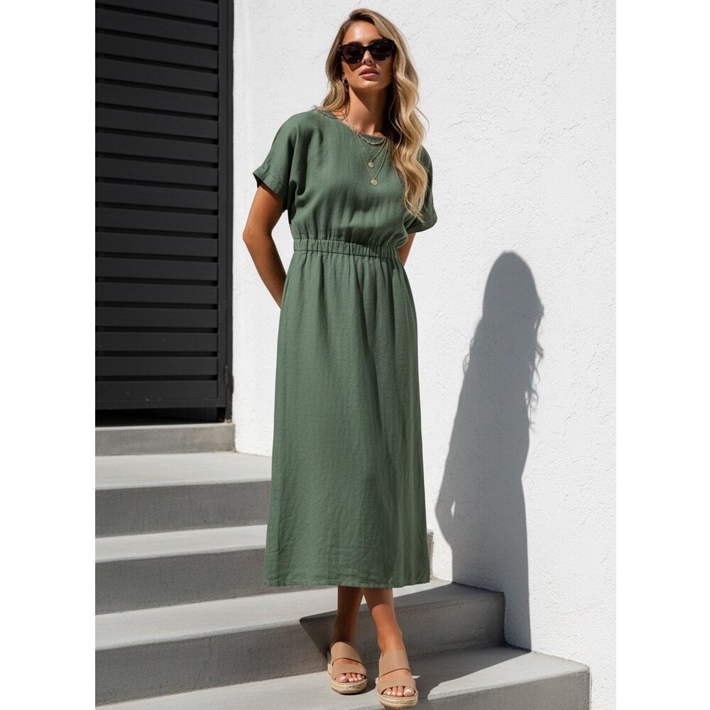 Ylistyle Linen Midi Dress Womens Large High Waist Pockets Beachy Coastal Resort - Picture 9 of 15